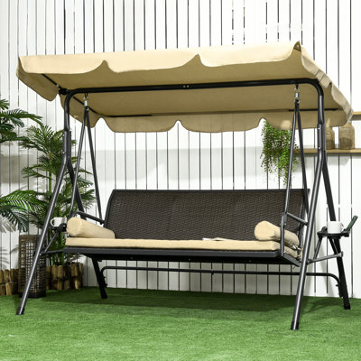 Balancelle à 3 places avec coussin amovible, coussins et abat-jour réglable pour porche extérieur, jardin, bord de piscine, cour arrière, capacité de 704 lb, siège de 52 po, ajustement de 45, porte-gobelets, plateaux, pe