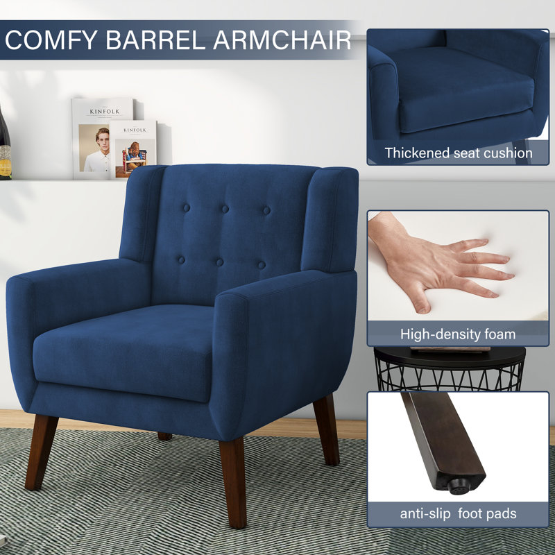 Jaqueze Upholstered Royal Blue Velvet Tufted Wide Back Armchair with Solid Wood Leg, Royal Blue Velvet