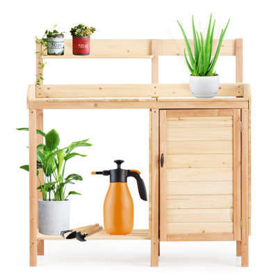 Outdoor Multifunctional Potting Bench Table With Sink, Garden Workstation For Gardening Supply Management, Sliding Tabletop, Removable Tray, Cabinet, Shelf, Hooks, Natural Wood Sink Patio Lawn