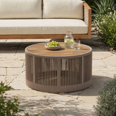 Table basse d'extérieur en corde de rotin et bois d'acacia - Mobilier de balcon pour le jardin, la cour et le balcon