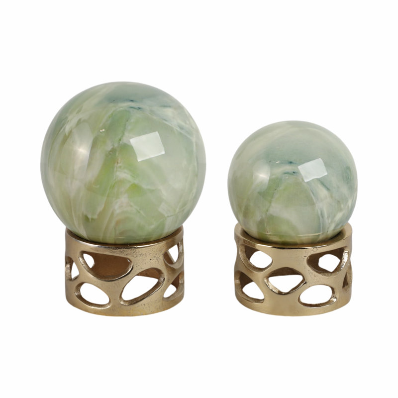 Set Of 2 7/8" Zakrzewski Marble Sphere Statuary, Green