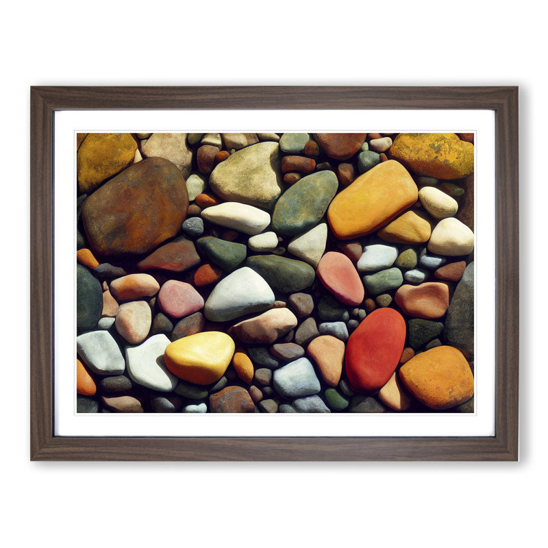 XH1022-9477X Unique River Pebbles - Single Picture Frame Print, 25cm H x 34cm W x 2cm D, Walnut