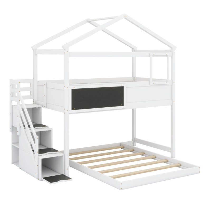 Lit superposé House avec escalier de rangement et tableau noir House, Blanc