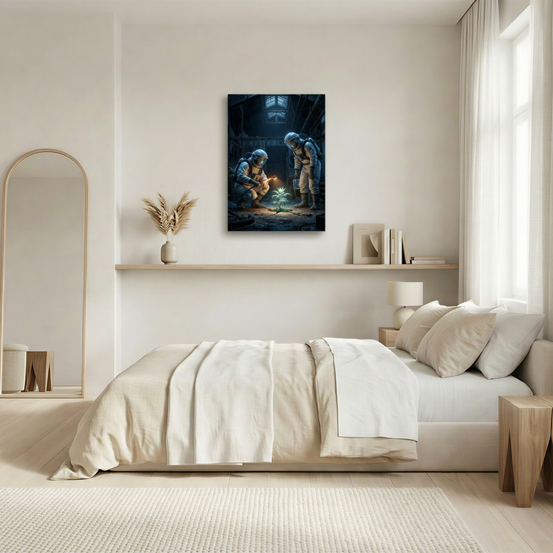 Toile rougeoyante en béton fissuré avec figurines en combinaison de protection, art mural, 24"H x 16"W