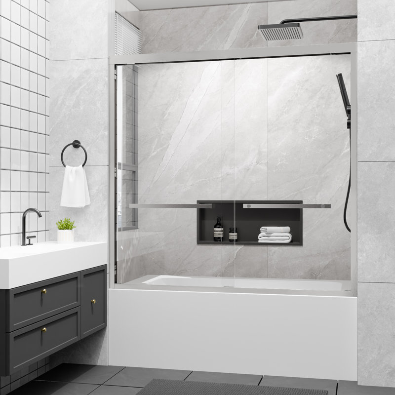 56-60 In. W X 58 In. H Sliding Framed Tub Door In Brushed Nickel With Tempered Clear Glass, Brushed Nickel