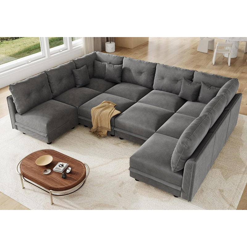 Degennaro 10 Seat Corduroy Convertible Modular Sectional Sofa With Storage, Gray Corduroy