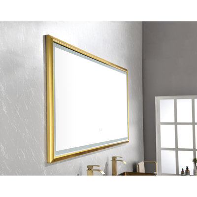 Miroir de salle de bain 96 po x 48 po à DEL, fixé au mur, cadre en aluminium, 3 choix de couleurs, à intensité variable, miroir brossé doré scintillant 96 48 po, fonction, couleurs, gradation continue, cadre en aluminium