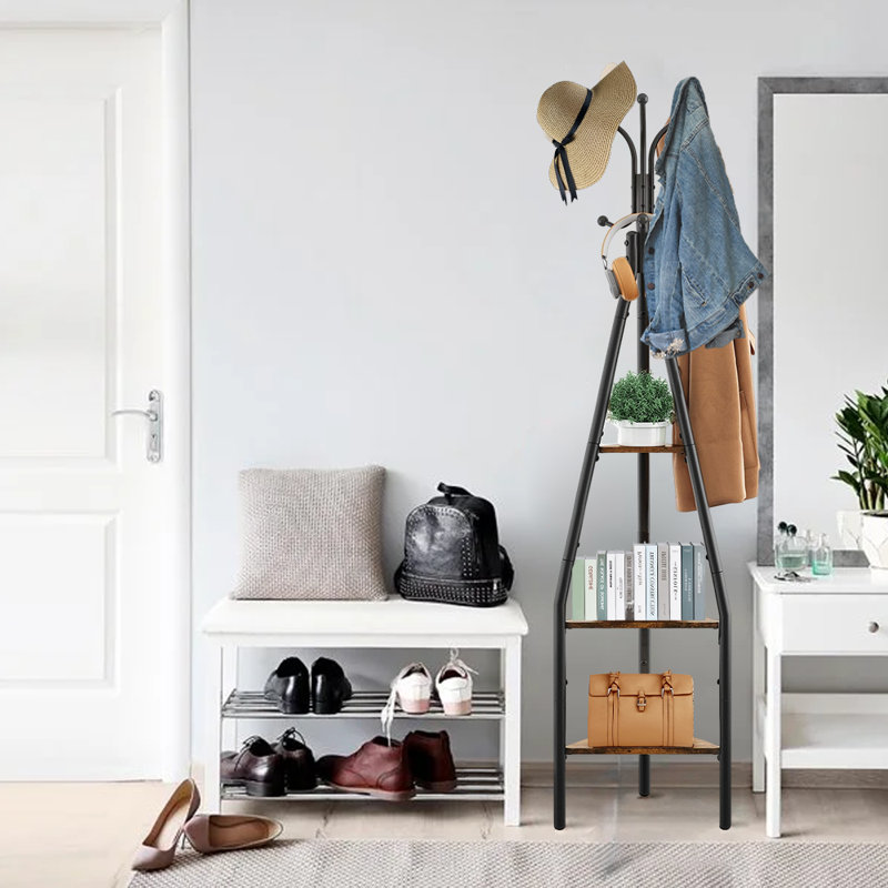 Coat Rack Freestanding With Hooks,3-Tier, Black/Brown