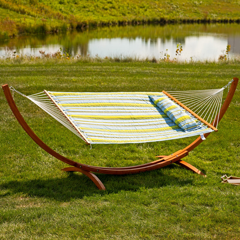 West Hewish 2-Person Polyester Spreader Bar Hammock with 13' Curved Wood Stand - Blue/Green, 48" H x 55" W x 156" D