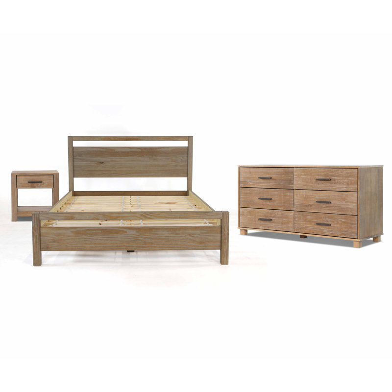 Loft Solid Wood Piece Bedroom Set, Weathered Pine, 3 Pieces: 1 Bed, 1 Nightstand, 1 Dresser