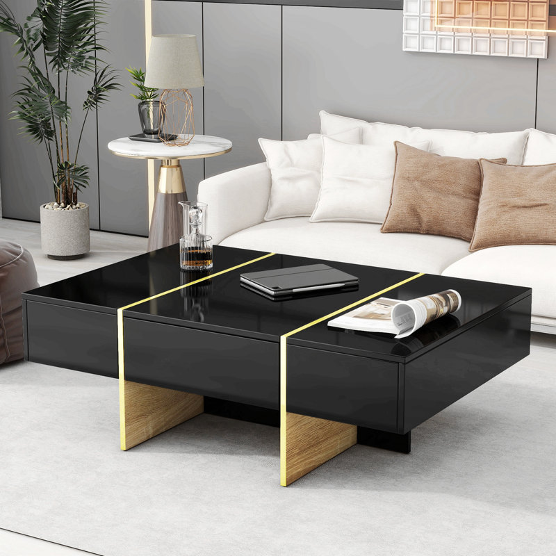 Modern Multi-Storage Rectangle Sofa Table with Golden Wood, Black