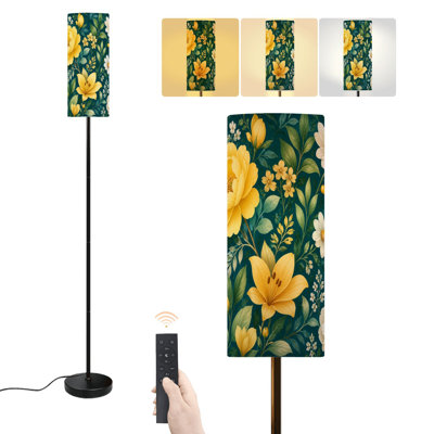 Floor Lamp Vibrant Floral Yellow White Flowers Dark Green Dimmable Modern Standing Lamp with Remote Control Footswitch Bulb Lampshade Tall Pole Corner Lamp for Living Room Bedroom Office
