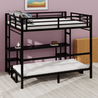Metal Bunk Bed/Loft Bed With Desk And Shelves, Multiple Uses Folds Into Sofa With LED And USB