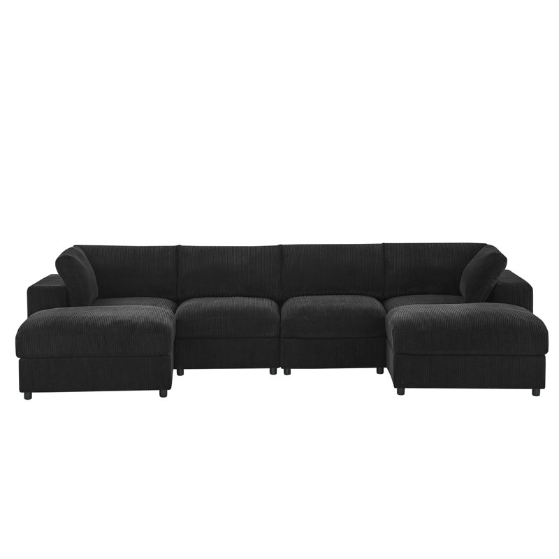 Canapé modulaire réversible en velours côtelé, 132" W, Black Fabric, Black