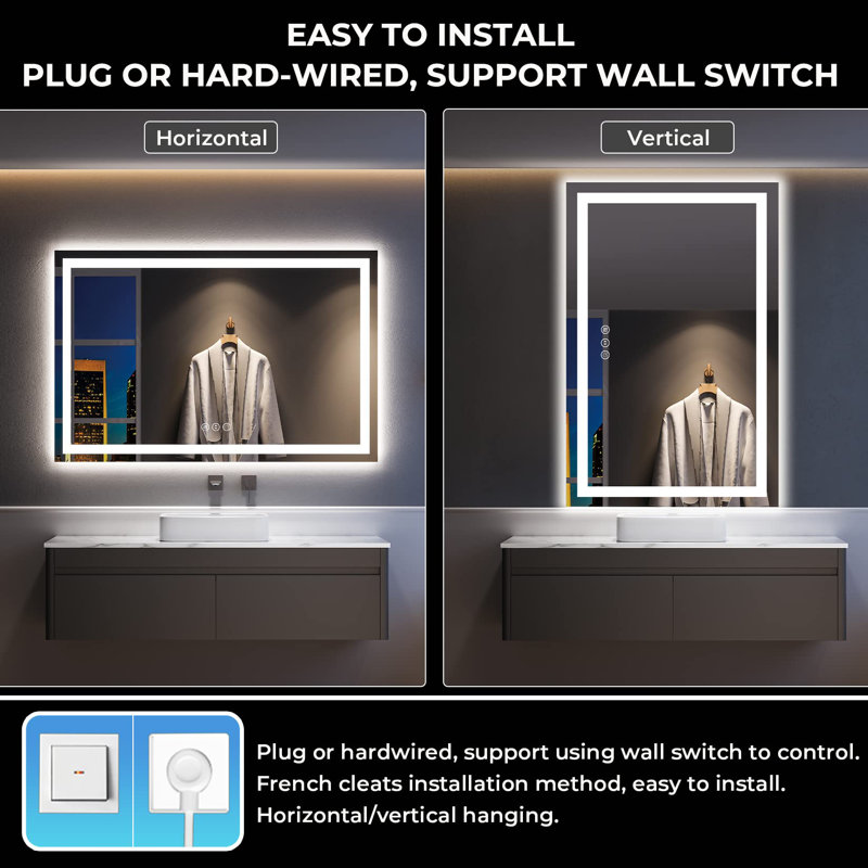Akilan Frameless LED Vanity Mirror with Front-lit and Back-lit, Memory Function, 3 Color Temperatures & Dimmable Light, Anti-fog Tempered Glass ETL Mirror