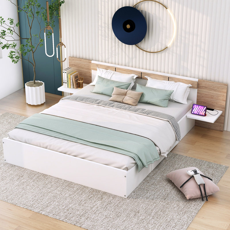 Grand lit plateforme avec tête de lit, tiroirs, tablettes, ports et prises USB, blanc