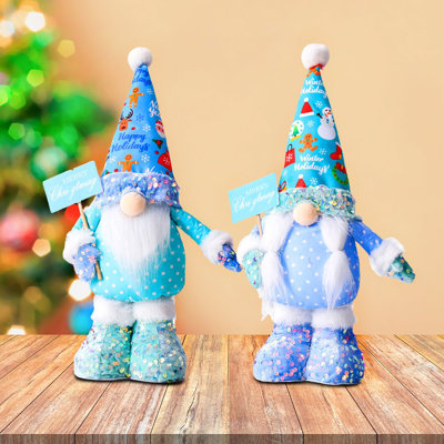 Frosty Elegent Winter Luxe Gnome Large Set, Festive Plush Holiday Blue Joyful Home Decor With Sequins