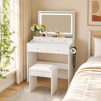 White Bedroom Makeup Vanity Desk with Adjustable Lighted Mirror, Outlet and 5 Drawers