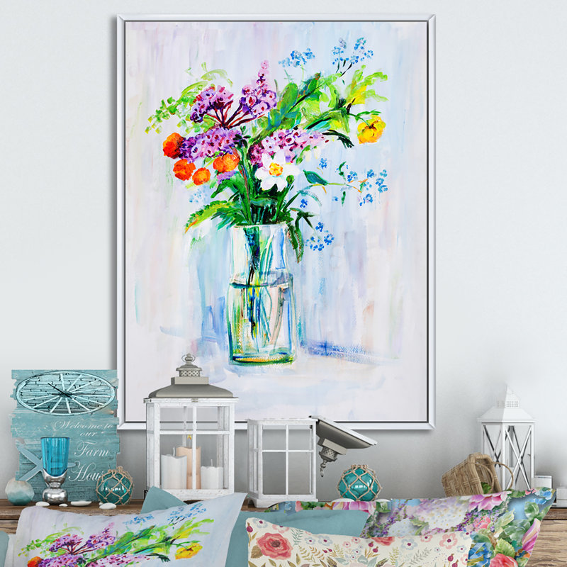 Bouquet de fleurs d'été - peinture, H 20 po x l 12 po, Cadre flottant blanc