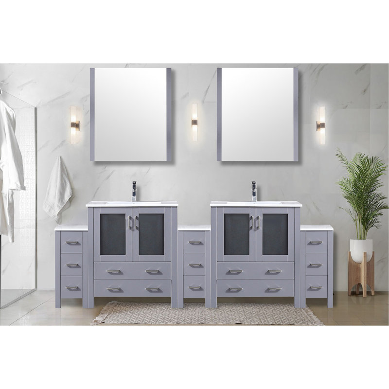 Meuble-lavabo double gris foncé mesurant 96 po X P 18,25 po, avec armoires latérales, surface en céramique blanche, structure en bois massif, tiroirs à fermeture douce, deux armoires et treize tiroirs pour une abondance