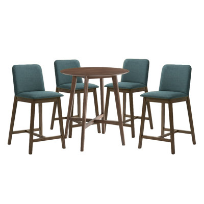 Wicklund 5-Piece Wood Bar Set In Night Wenge Finish And Peacock Blue Seats