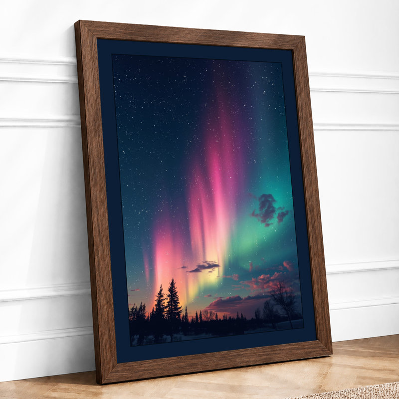 Aurora Over Forest Scandinavian - Framed Print, A4 - 29.7 x 21.0 cm, Walnut
