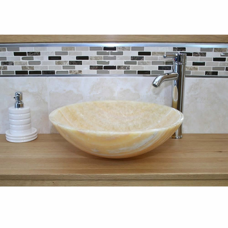 Belfry Bathroom Berrin 430mm L x 430mm W Stone Round Sink with Tap, Golden Onyx