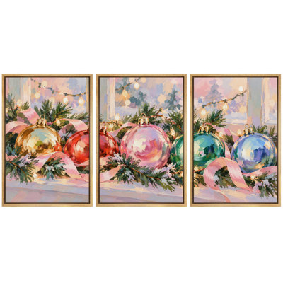 Christmas Holiday Celebration " Colorful Christmas Ornaments Pink Holiday Decor Artwork, Living Room Pictures, Framed Canvas Giclee Print 3 Pieces Wall Art - 16"x24"x3pcs, 24"x36"x3pcs " Print