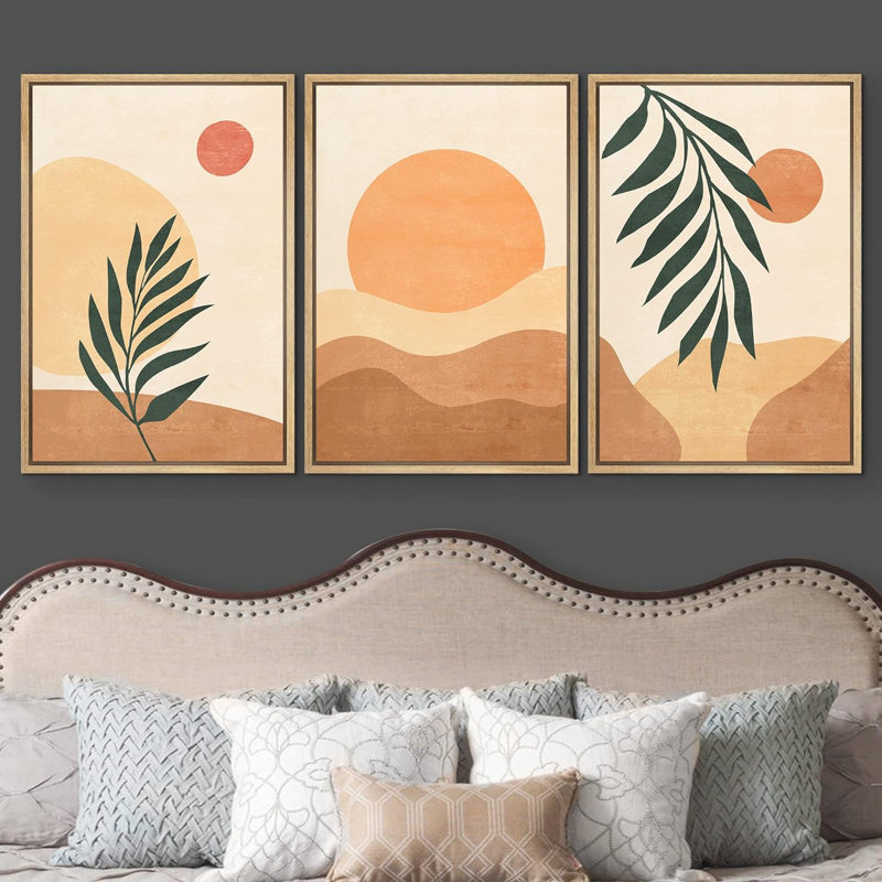 Bohemian-style Plants " Boho Mid-Century Geometric Sunlight Palm Leaf Abstract Illustrations Modern Art Landscape Colourful " 3 - Pieces