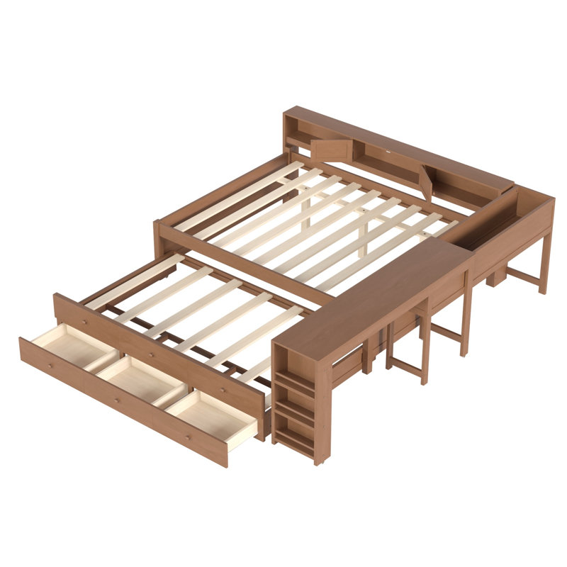 Lit de jour double en bois massif avec couchette, tiroirs de rangement, tablettes latérales et bureau, Lit double, Brun