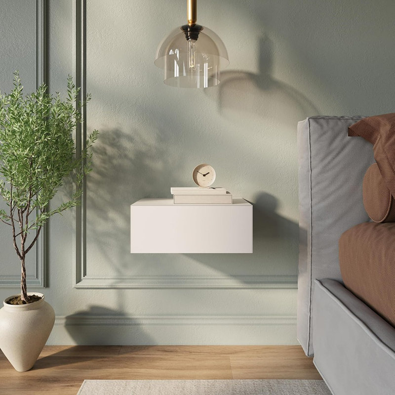 Floating White Modern Nightstand With Storage Drawer, Mini...