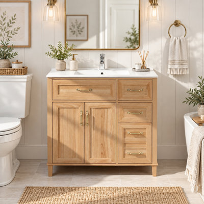 Meuble-lavabo moderne en bois 36 po avec lavabo simple en céramique et armoires en bois naturel