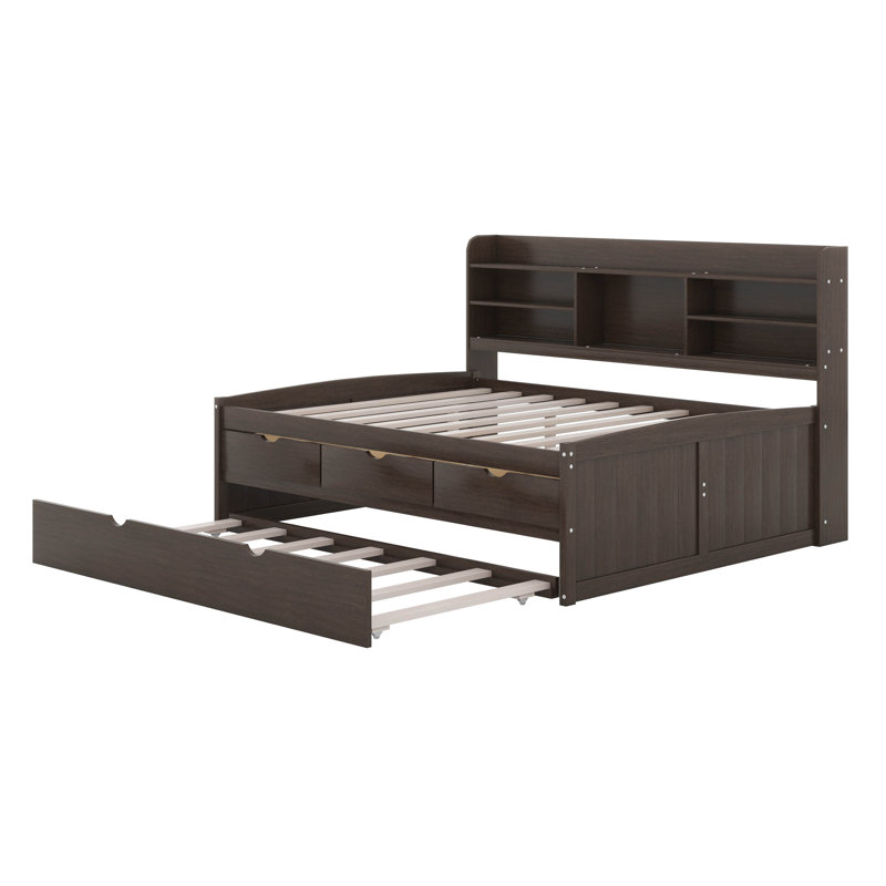 Brona Full Size Wooden Captain Bed with Built-in Bookshelves, Three Storage Drawers and Trundle, Antique Brown