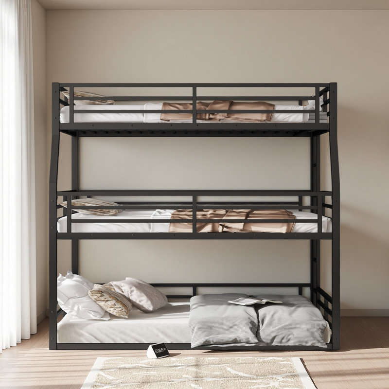 Full/Full XL Over Queen Over Queen Bunk Bed, Metal Triple Bunk Bed With Safety Guardrails, Heavy-Duty Bunk Bed With Noise-Reduced Design