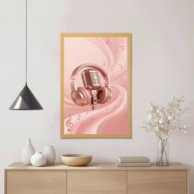 Rose Gold Microphone And Headphones Music Notes Canvas Wrapped Wall Art Oil Painting Print Set Of 1