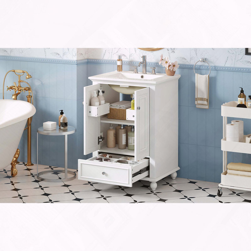 Meuble-lavabo de salle de bain avec lavabo en céramique à portes à fermeture douce et tiroir divisé, Blanc