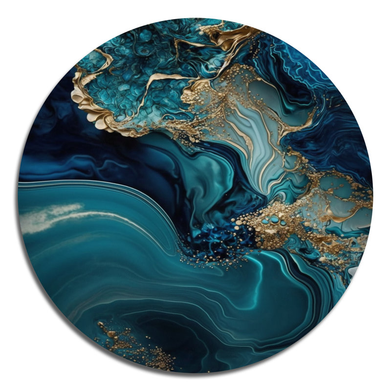«Abstract Geode Turquoise I», art mural rond en marbre abstrait sur métal, L 29 po x H 29 po