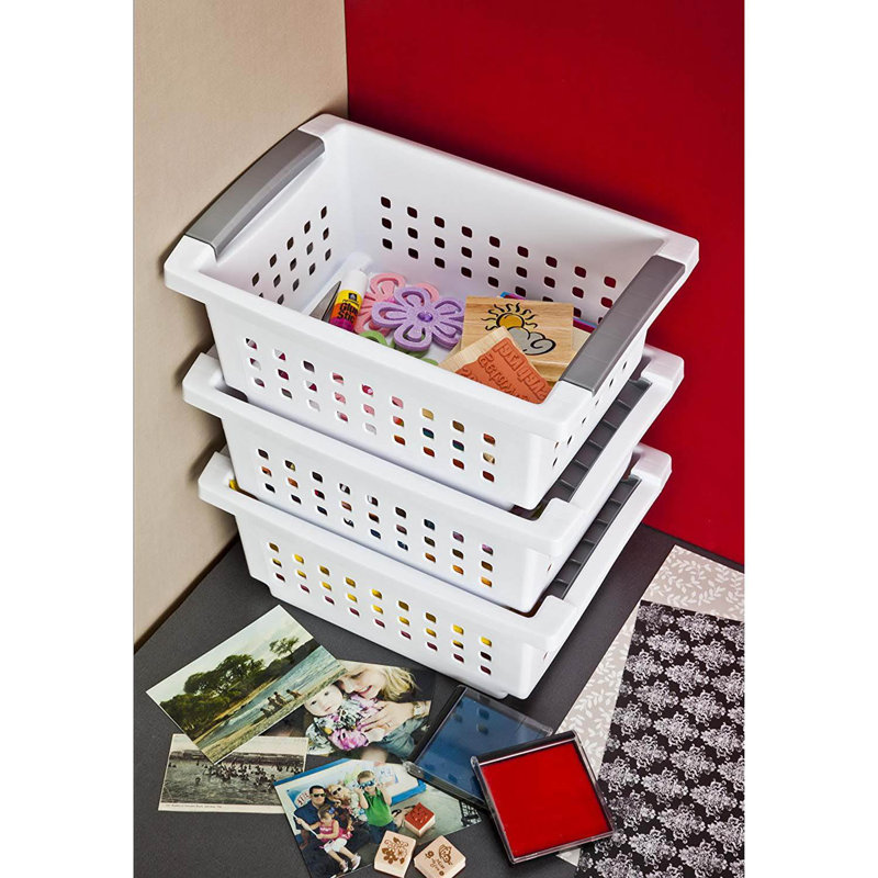 Sterilite 16608006 Small White Stacking Basket With Titanium Accents, 6-Pack