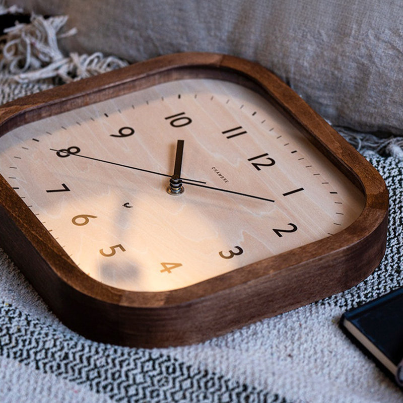 Brown Solid Wood Rounded Rectangle Silent Wall Clock