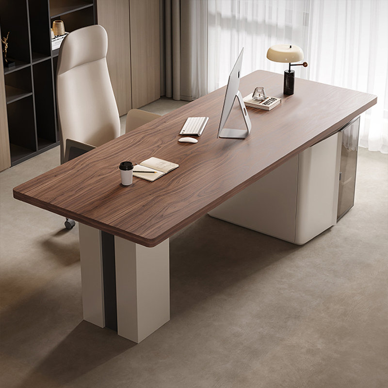 Bureau rectangulaire en bois manufacturé brun noisette + beige + verre, H 29,53 po x l 78,74 po x P 31,5 po
