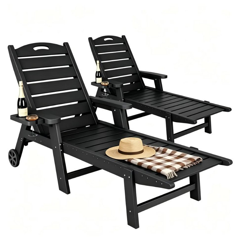 Patio Lounge Chairs Set of 2, HDPE Outdoor Recliner Chairs with 5-Position Adjustable Back, Wheels & Cup Holder, All-Weather Patio Chairs for Deck, Poolside, Backyard