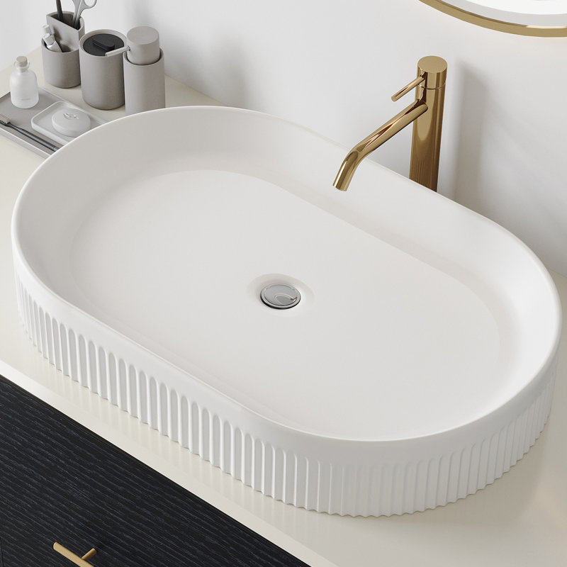 22.8 - Inch Bathroom Vanity In White Ceramic, Oval Vessel Sink With Vertical Striped Body, Center Drain And Pop Up Assembly, Dry Counter Improvement Package Made Of Up, Splash Proof Function