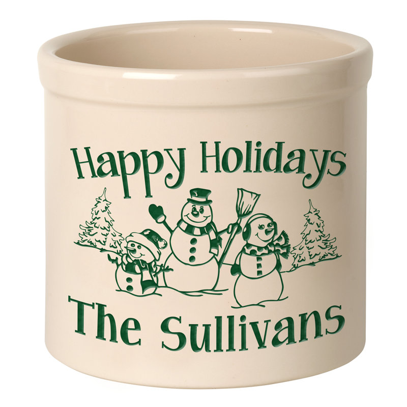 Personalized Snowman Family Ceramic Pot Planter, Green, Yes