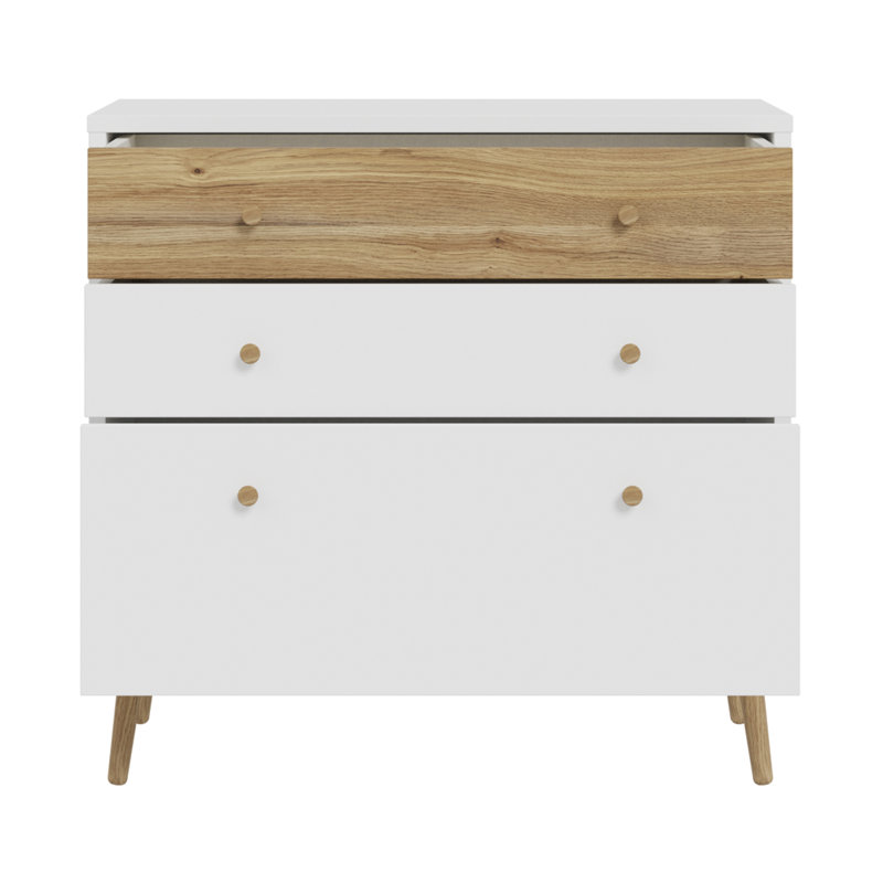 Mid-Century-Modern chest of drawers, EasyKlix by Forte quick assembly system, 3 drawers, tall feet, engineered wood, 89.8 cm W x 86.5 cm H x 41.5 cm D
