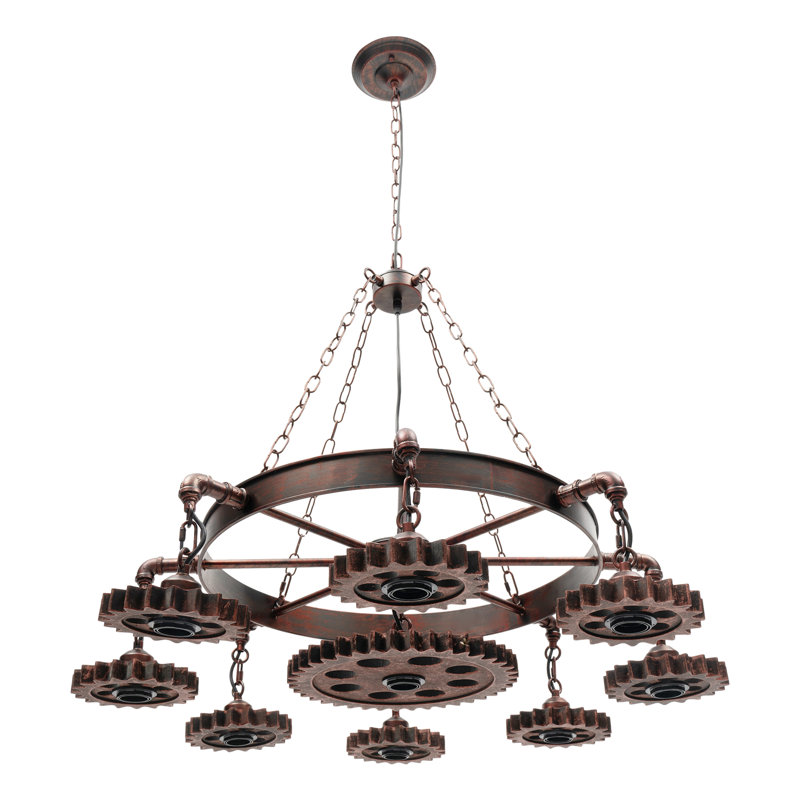 9 - Light Candle Style Pendant Vintage Industrial Cast Iron Gear Chandelier