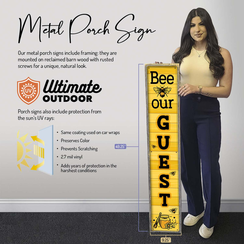 «Bee Our Invité - Panneau de véranda en métal encadré protégé du soleil, panneau de bienvenue vertical»