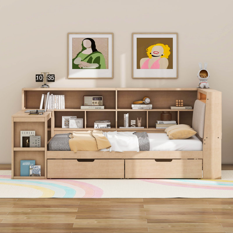 Lit de jour simple avec tiroirs de rangement, bureau et armoires, Naturel