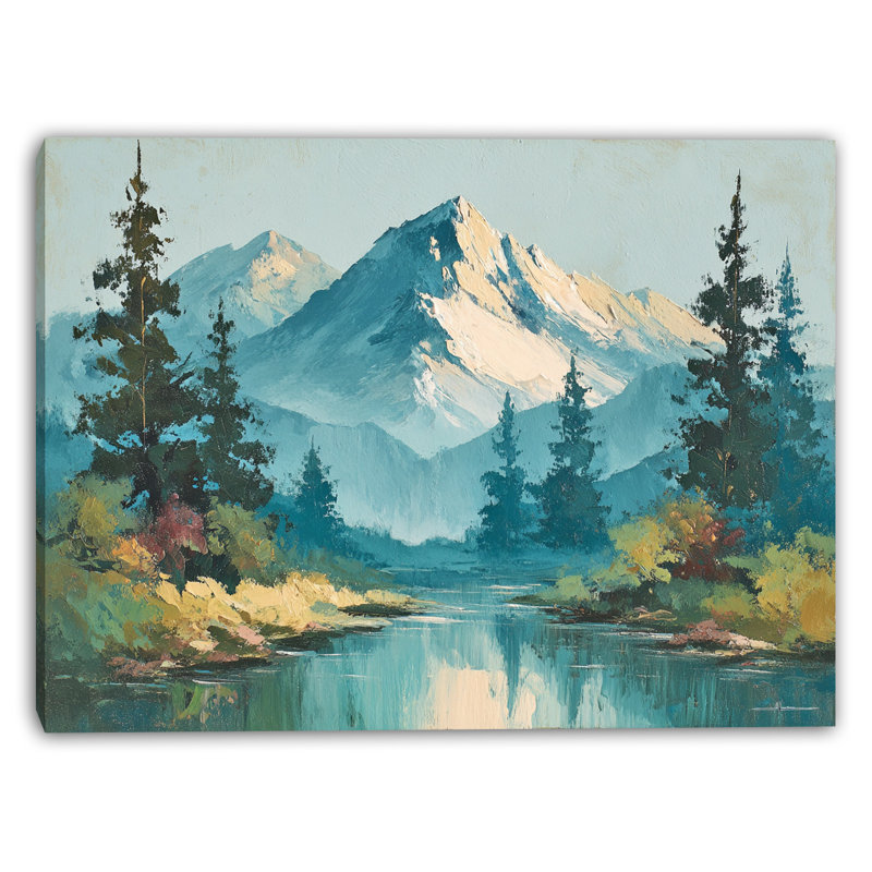 Paysage de montagne enneigé avec rivière et arbres sur toile, H 24 po x l 36 po