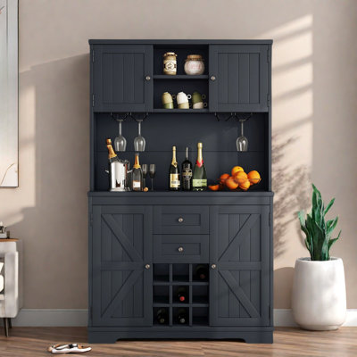 Farmhouse Pantry With 2 Drawers, Wine & Glass Racks, Storage Cabinets And Open Shelves by August Grove