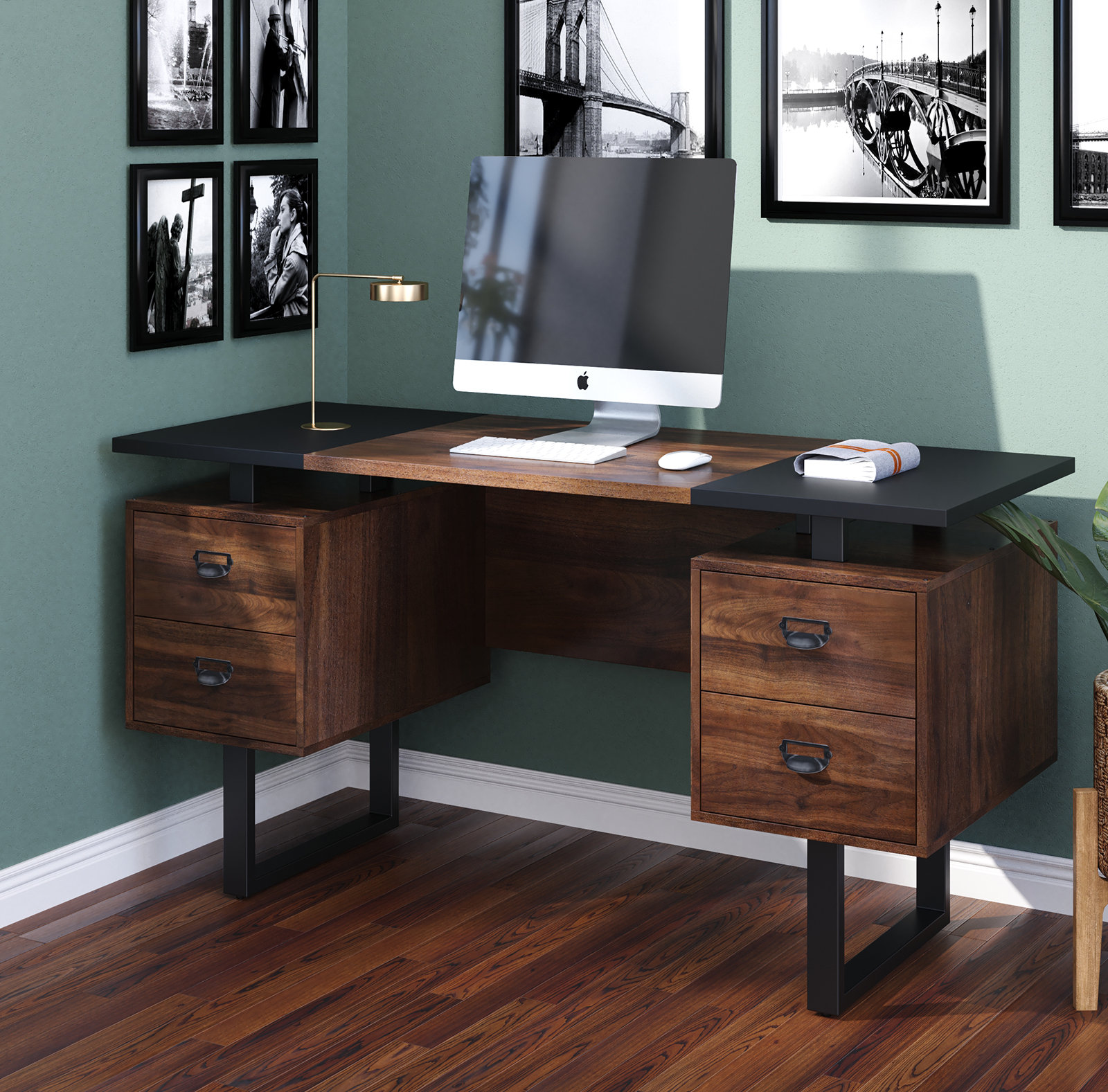 Debanhy Writing Desk Modern Office Desk with 4 Drawers 17 Stories Color (Top): Walnut